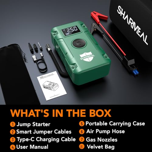 Sharmeal Jump Starter 7000A, 12V Car Battery Jump Starter with Air Compressor (Up to All Gas or 12.0L Diesel Engine), Battery Booster with 3 Modes Flashlight and Jumper Cable - color: Green-7000A+ Air Compressor