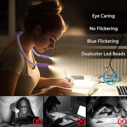 LUXJET Book Light for Reading at Night, Neck Reading Light for Books in Bed, 4 LED Bulbs, Hands Free, 3 Adjustable Brightness, 80-hr Lasting Rechargeable Lamp for Knitting, Camping, Repairing - color: Purple