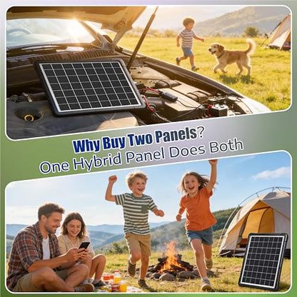 20W Hybrid Solar Battery Charger & Maintainer 12V + USB Hub Kit - Waterproof Trickle Charger for Car, Boat, RV, Motorcycle - Universal 5-in-1 Portable Solar Panel for Phone, Camping
