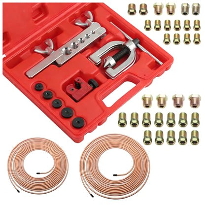 Brake Line Flaring Tool Kit,Professional Brake Line Kit with 25Ft 3/16" & 1/4" Copper Plated Steel Tubing & Tube Cutter,Rustproof Brakes Lines Repair Kits for Hydraulic Systems