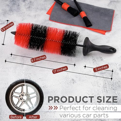 TAKAVU Wheel & Tire Brush, Long Bristle, Built-in Knuckle Guard (Upgraded) | Non-Slip Handle Detailing Brush, Deep Reach Cleans Rims & Brake Dust, Effortless Wheel & Barrel Wash - color: Red & Black - Big Brush