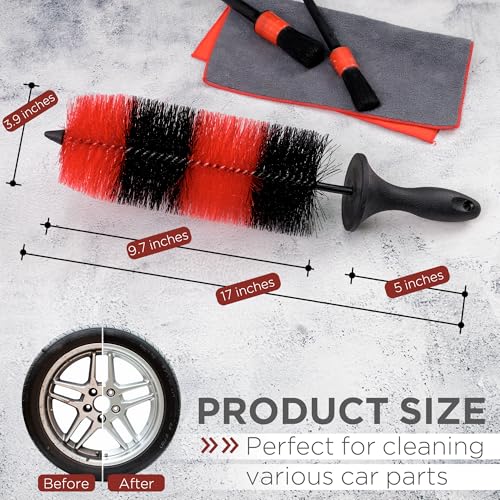 TAKAVU Wheel & Tire Brush, Long Bristle, Built-in Knuckle Guard (Upgraded) | Non-Slip Handle Detailing Brush, Deep Reach Cleans Rims & Brake Dust, Effortless Wheel & Barrel Wash - color: Red & Black - Big Brush