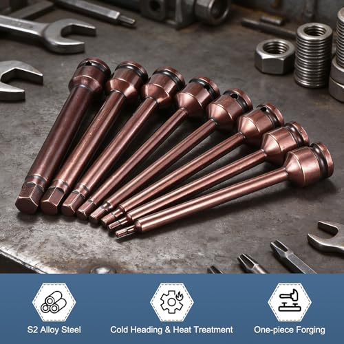 HARFINGTON 2pcs Impact Hex Bit Socket 1/2" Drive 7H (7mm) Hex Bits 6" Length S2 Steel Metric Impact Wrench Socket Adapter Tool for Automotive Repair Industrial Construction and Home DIY - size: H7 x 1/2" x 6"