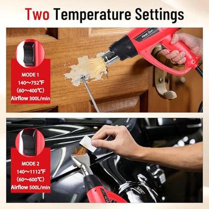1800W Heat Gun for DIYers, Crafters & Electronics Repair – 140°F~1112°F Variable Temp, 1.5s Fast Heat, 5 Nozzles, 2 Scrapers, Overheat Protection, Hands-Free Stand | Shrink Tube, Resin, Vinyl Wrap - color: Red