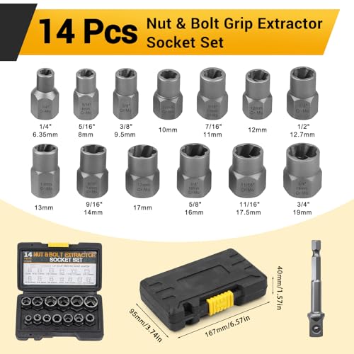 14 Pcs Bolt Extractor Kit-3/8" Drive for IMPACT Stripped Bolt Extractor Set Made Of Cr-Mo Steel, Extractor Socket Set For Damaged, Studs, Rusted, Rounded-Off Bolts, Nuts & Screws