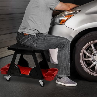 Magshion Garage Creeper Seat with Tool Holder, 300 lbs Capacity Rolling Mechanic Stool, Lightweight Plastic Workshop Chair on Wheels for Auto Repair, Car Detailing & Shop Use (Red)