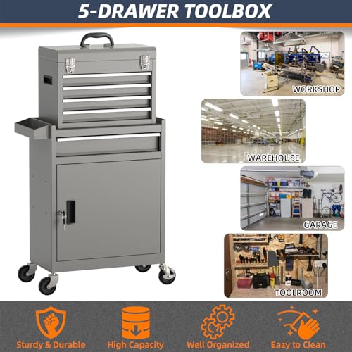 5-Drawer High Capacity Rolling Tool Box, Removable Cabinet Storage Tool Chest with Wheels and Drawers, Detachable Toolbox with Lock for Mechanics Garage Workshop and Tool Room (Grey)