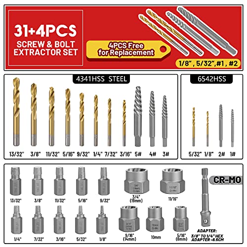 35 Pcs Spiral Screw Bolt Extractor Set Left Handed Drill Bit | 6542/4341 HSS Easy Out for Removing Broken Stripped Screws Nuts with Solid Storage Case - size: 35Pcs
