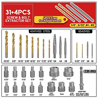 35 Pcs Spiral Screw Bolt Extractor Set Left Handed Drill Bit | 6542/4341 HSS Easy Out for Removing Broken Stripped Screws Nuts with Solid Storage Case - size: 35Pcs