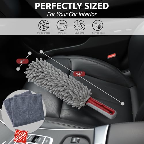 TAKAVU Car Duster Interior, 360° Microfiber Fingers, Lint & Scratch Free | Unbreakable Comfort Handle Duster, Includes Microfiber Towel, Lint-Free & Safe for Car & Home Interior, Gray - size: Microfiber Chenille
