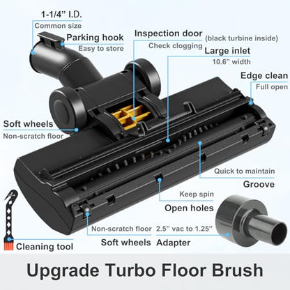 Turbo Brush Head Shop Vac Accessory 1.25" with 2.5" Hose Adapter, 1-1/4" 2-1/2" Shopvac Attachment for Wet Dry Vacuums, Ideal for Pet Hair Removal on Carpets Area Rugs Hardfloors - style: Turbo Brush