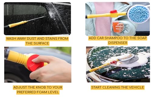 Rotating Car Wash Brush with Soap Dispenser & Hose Attachment Soft Bristle Car Spin Mop Washing Scrub Brush with Long Handle Water Flow Through High Pressure Car Cleaning Brush Kit Car Wash Hose