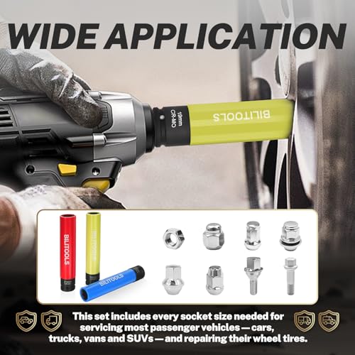 BILITOOLS Extra Long Impact Socket Set, 1/2" 17/19/21mm Lug Nut Socket Set | 3PCS Socket Set CR-MO steel, 6" Length, 6-Point Flank Drive, Color-Coded, Scratch-Proof Sleeve, fits Impact Wrenches - size: 17 19 21 mm