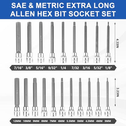 20PCS Extra-Long Allen Hex Bit Socket Set, 3/8 Inch Drive Allen Socket Set, SAE & Metric(1/8"-7/16", 3-12mm), CR-V and S2 Alloy Steel