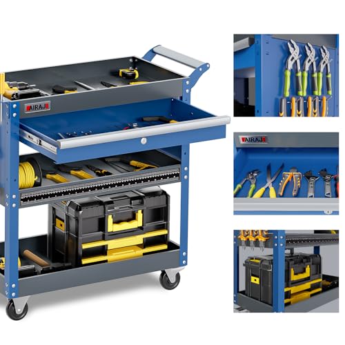 3 Tier Tool Cart,440 LBS Capacity Rolling Tool Cart with Drawers,Heavy Duty Industrial Service Cart on Wheels with Pegboard Hooks for Mechanics,Garage,Warehouse,Workshop,Blue