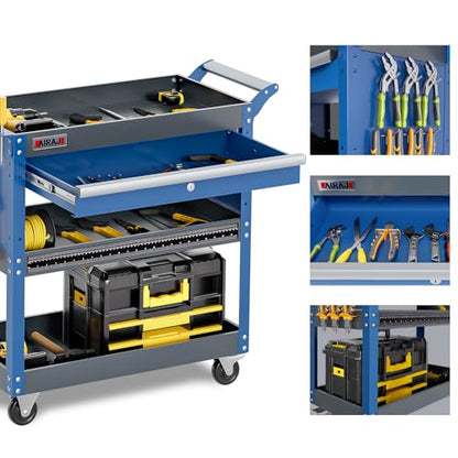 3 Tier Tool Cart,440 LBS Capacity Rolling Tool Cart with Drawers,Heavy Duty Industrial Service Cart on Wheels with Pegboard Hooks for Mechanics,Garage,Warehouse,Workshop,Blue