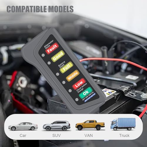 12V Car Battery Alternator Tester with 6 LED Indicator, Automotive Battery Analyzer Car Load Tester Indicator for Checking Vehicle Battery Condition & Alternator Charging System