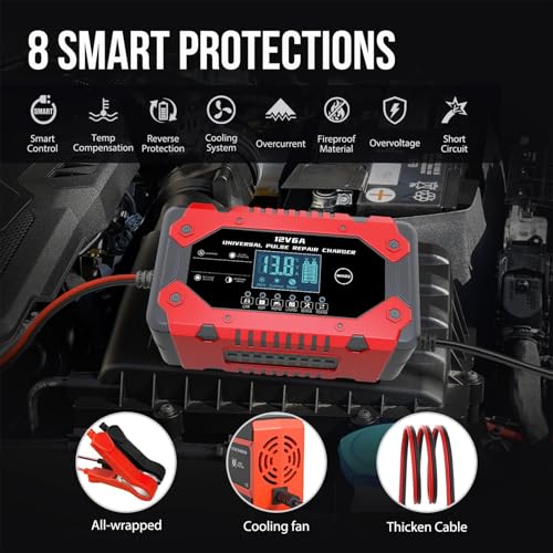 Battery Charger 6-Amp 12V Automatic Smart Battery Trickle Charger, Battery Maintainer Desulfator with Temperature Compensation for Car Truck Motorcycle Lawn Mower Marine