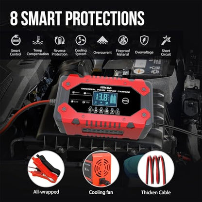 Battery Charger 6-Amp 12V Automatic Smart Battery Trickle Charger, Battery Maintainer Desulfator with Temperature Compensation for Car Truck Motorcycle Lawn Mower Marine