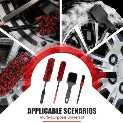 4PCS Long Handle Wheel Brush Kit,Bendable and Durable Wheel Rim Cleaner Brush Set Red - size: 4PCS