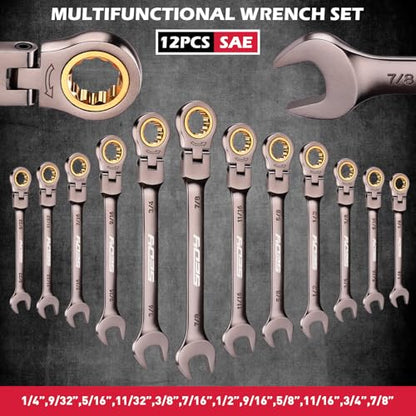 SEDY Premium 12-Piece SAE Flex-Head Ratchet Wrenches Set 1/4"-7/8" with Magnetic Organizer, Cr-V Steel Ratcheting Wrench Set with 72 Teeth 180° Flex Head, Ratchet Combination Wrench Set for Repair - style: 12-Piece Flex-Head (SAE)