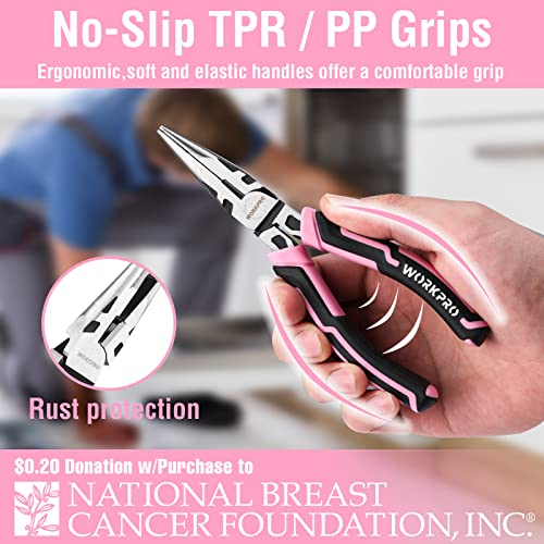 WORKPRO 4-Piece Pliers Set | Premium CR-V Construction Pliers Tool Sets Including Long Nose, Diagonal Cutting, Groove Joint and Slip Joint Pliers - color: Pink