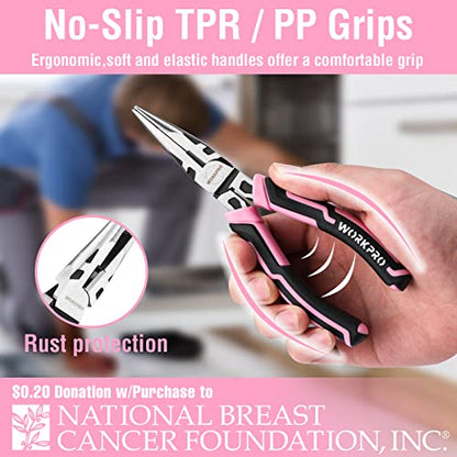 WORKPRO 4-Piece Pliers Set | Premium CR-V Construction Pliers Tool Sets Including Long Nose, Diagonal Cutting, Groove Joint and Slip Joint Pliers - color: Pink