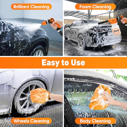 16 IN 1 Car Wash Foam Gun, Foam Cannon for Car Cleaning/Garden | Adjustable Hose Wash Sprayer with 2.5 to 6 Bars Foam Blaster, Wash Mitten&Towel,Use with 1/2” Quick Connector,Garden Sprayer - color: Orange