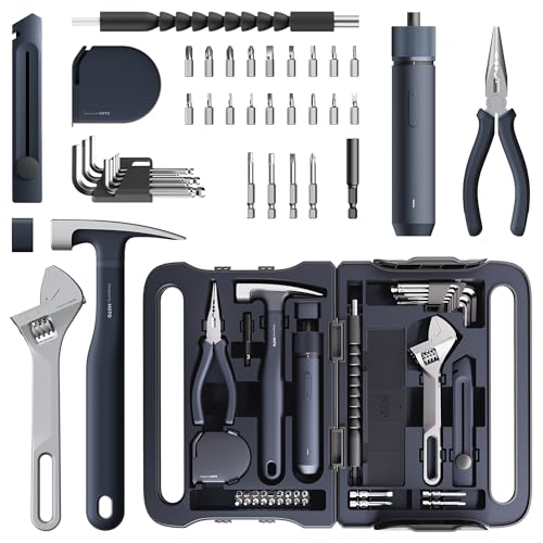 HOTO 40-Piece Tool Kit, Household Essentials Tool Set w/Smart Electric Screwdriver (LED, 3 Torque) + 14 Tools & 26 Accessories Including Allen Wrenches Sets | Pro-Grade Compact Organizer