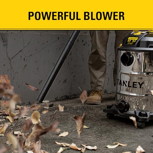 STANLEY 8 Gallon Wet Dry Vacuum, 4 Peak HP Portable Shop Vacuum with Drain Port & Blower, Industrial Wet Dry Vacuum Cleaner, Stainless Steel Tank for Garage, Workshop, Car Detailing, Jobsite, SL18117