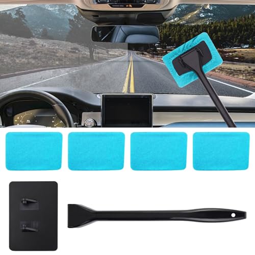 Car Window Cleaner, Car Windshield Cleaner Tool, Windshield Cleaner Inside with Extendable Handle and 4PCS Washable Reusable Cloth Pad, Car Tools Universal Auto Wiper Cleaning - color: Light blue