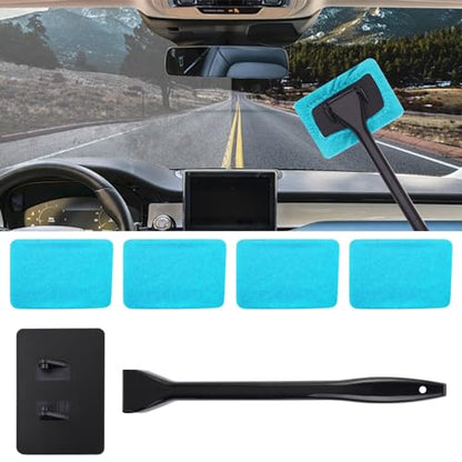 Car Window Cleaner, Car Windshield Cleaner Tool, Windshield Cleaner Inside with Extendable Handle and 4PCS Washable Reusable Cloth Pad, Car Tools Universal Auto Wiper Cleaning - color: Light blue
