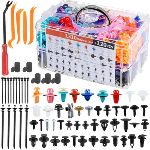 1430Pcs Car Interior & Exterior Retainer Clips - 47 Sizes Assorted Colorful Push Pins & Metal Screws. 3-Tier Box Auto Fastener Kit with Orange Pry Tools for Bumper Door (1430Pcs) - style: 1430pcs