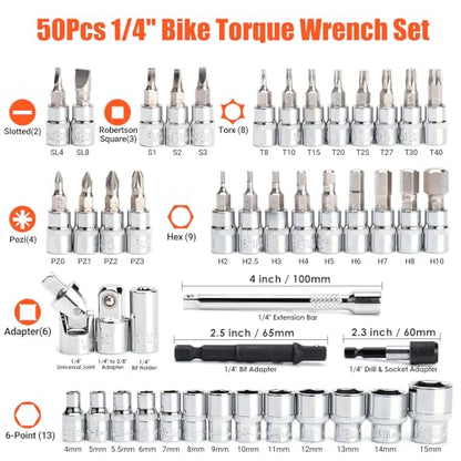50PCS Inch Pound Torque Wrench Set, 1/4" Drive Bike Torque Wrench, 10-230 in.lb (1.1-26.0 nm), 72-Tooth Dual Direction Click Torque Wrench with Bit Sockets, for Bicycle, MTB, E-Bike Maintenance - size: 1/4-inch (50pcs, 10-230 in.lb/1.1-26.0 nm)