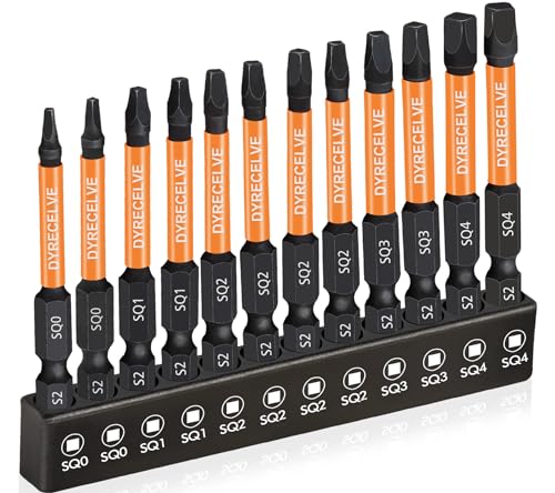 DYRECELVE 12-Pack Square Drive Bit Set, Magnetic Impact Screwdriver Bits | S2 Steel 1/4" Hex Shank, 2.56-Inch Square Head Screwdriver Bits, #0 #1 #2 #3 #4 for RV, Trailer, Cabinet and Deck Repairs - color: Black