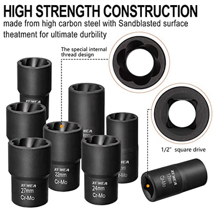 XEWEA 12PCS Lug Nut Remover Set, 1/2-Inch Drive Stripped Wheel Lock Removal Extractor Twist Socket Kit for Removing Damaged, Frozen, Rusted, Studs, Rounded-Off Bolts Nuts Screws - color: 12pcs 1/2" Drive