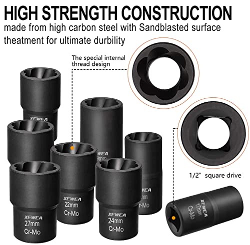XEWEA 12PCS Lug Nut Remover Set, 1/2-Inch Drive Stripped Wheel Lock Removal Extractor Twist Socket Kit for Removing Damaged, Frozen, Rusted, Studs, Rounded-Off Bolts Nuts Screws - color: 12pcs 1/2" Drive
