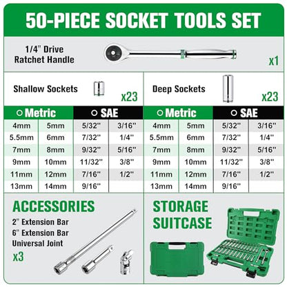 SK 1/4" Drive Socket Set with 216-P Ratchet, SAE & Metric, CR-V Steel | 50-Piece Sockets with Quick-Release Ratchet, SuperKrome Finish, Heat Treated, with Storage Suitcase - size: 1/4" Drive