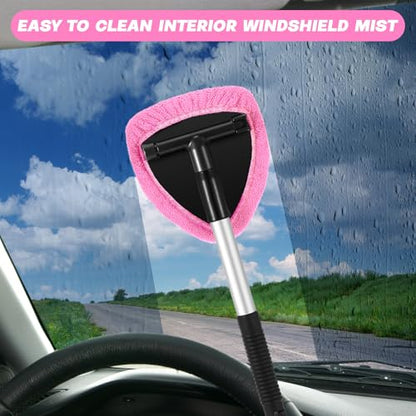 Baderke 10 Pcs Windshield Cleaner Tool Car Window Cleaning Supplies with Extendable Handle Include 6 Washable Microfiber Bonnets 2 Empty 60ml Spray Bottle Glass Wiper Kit(Pink) - color: Pink