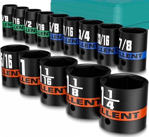 14 Pieces 1/2-Inch Drive Impact Socket Set, 3/8" to 1-1/4" Shallow Socket, 6 Point SAE Sockets for Automotive Repair, Equipment Maintenance - size: 1/2 Inch SAE