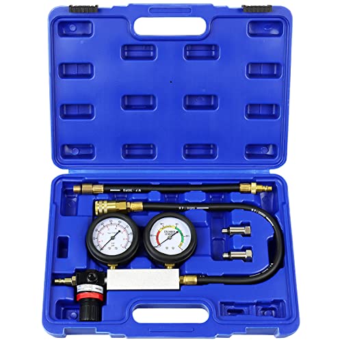 JoyFans Cylinder Leak Down Tester Kit, Tu-21 Small Engine Combustion Leakdown Detector with Compression Gauge Spark Plug Adapters for Pressure Leakage Test on Automotive Motorcycle Car Blue - color: Blue