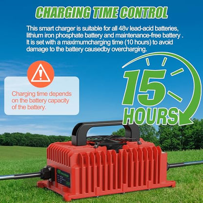 10L0L 48V 15A Golf Cart Battery Charger for Yamaha G29 Drive & Drive 2, 3-Pin Leaf Plug, Smart Charger for 48V Lead-Acid, Lithium and LiFeP04 Batteries, IP67 Waterproof - Red - color: Red