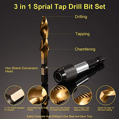 THINKWORK Combination Drill Tap & Tap Bit Set, 3-in-1 Titanium Coated Screw Tapping Bit Tool for Drilling, Tapping, Countersinking, with Quick-Change Adapter, 13 PCS SAE/Metric - size: SAE/Metric