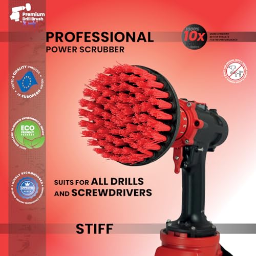 Premium Drill Brush Professional – Stiff 5 in Red | Scratch-Free Outdoor Cleaning Brush for Patio Bricks, Decking, Garden Tools, Lawn Mowers, Bicycles, Car Wheels, Pool Tiles and Boat Hulls - color: Red