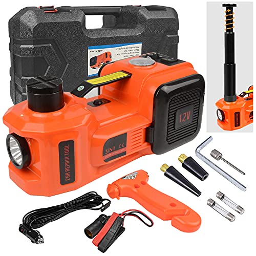 Electric Car Floor Jack Kit 5 Ton with LED Light & Tire Inflator Pump 3-in-1, Portable 12V DC Hydraulic Car Jack Lift Kit for SUV MPV RV Sedan Truck Quick Emergency Roadside Tire Change