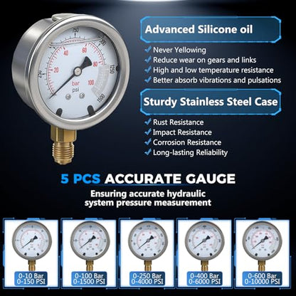 Hydraulic Pressure Test Kit with 5 Gauges up to 10000 PSI 10–600 Bar, 13 Couplings 14 Tee Connectors and 5 Hoses, Hydraulic Tester for Excavators Loaders and Construction Equipment