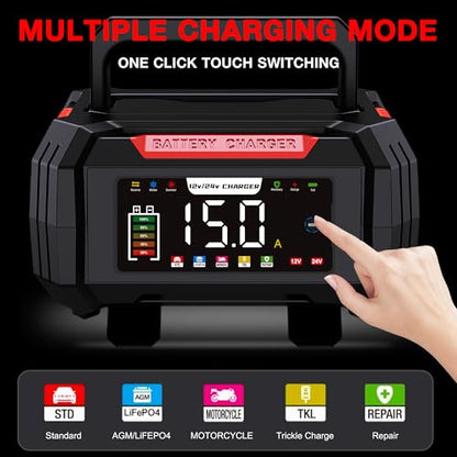 15-Amp Battery Charger, 12V/24V Smart Trickle Charger & Maintainer Red | 9 stage charging, Memory Function, Temperature Compensation, Pulse Repair, for Lead Acid LiFePO4, Various Vehicles Boat