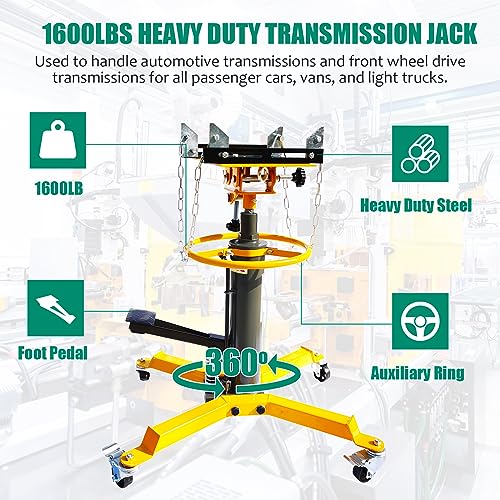 Transmission Jack, 1600 LBS Capacity Adjustable Height Hydraulic Transmission Jack, 2 Spring High Lift Vertical Telescoping Floor Jack Stand,360°Swivel Wheel W/Brakes (1600lbs, Yellow) (Yellow) - color: Yellow