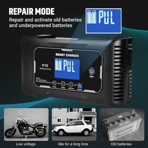 Car Battery Charger, 12V/24V 15A Lead-Acid LiFePO4 Smart Battery Charger | Fast Battery Charger for Lead-Acid(AGM/Gel/SLA/EFB) and LiFePO4, Trickle Charger Maintainer for Car, Motorcycle and More