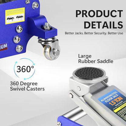 1.5T Low Profile Racing Jack, 3000 lb, Dual Pump, Aluminum and Steel, Blue | Lightweight aluminum/steel, dual-pump quick lift, 3.5"-14" range, side handle, safety overload. - size: 1.5T Aluminum & Steel Blue